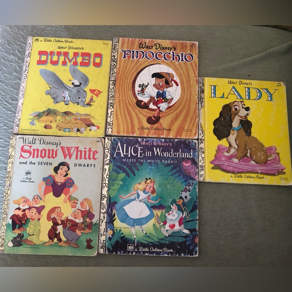 Lot Of 5 Vintage Walt Disney Little Golden Books Dumbo, Snow White, Pinocchio